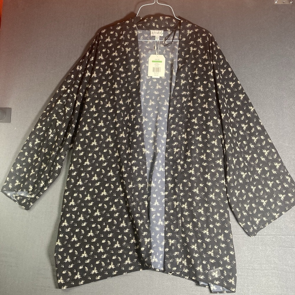 NWT Wonderly Women Plus Size Kimono Cardigan 1X 2X Black Floral Sheer Open Front